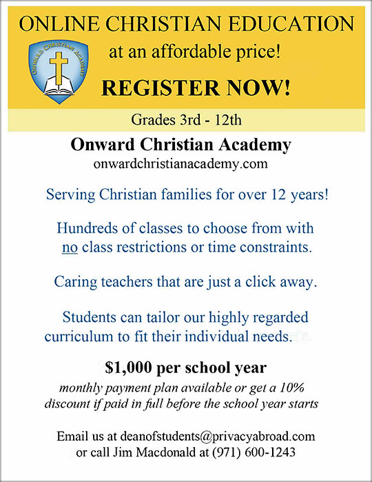 Register now for Onward Christian Academy - online christian education grades 3-12. Grade school and high school.
